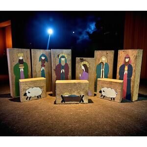 Rustic Hand Painted Wood Block Nativity Set-Primitive Christmas-Rustic-Holiday